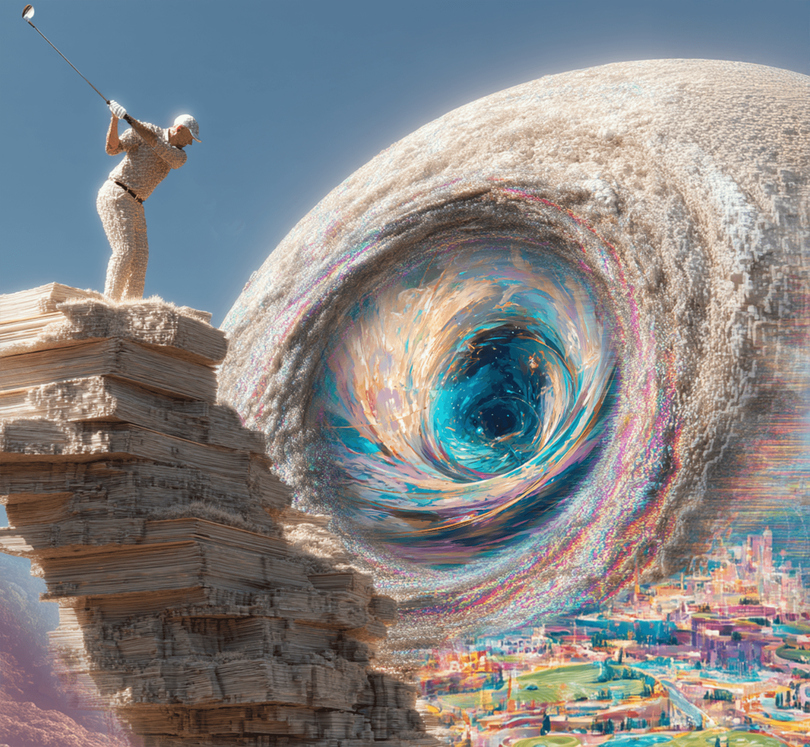 Golfer in mid-swing aiming towards a cosmic vortex, representing navigation through semantic space