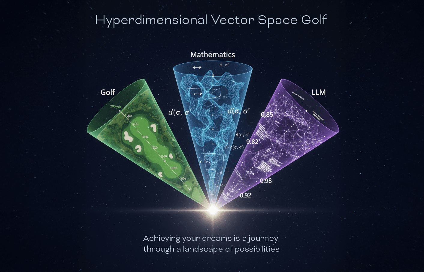 Three converging cones representing Golf, Mathematics, and LLM Development domains